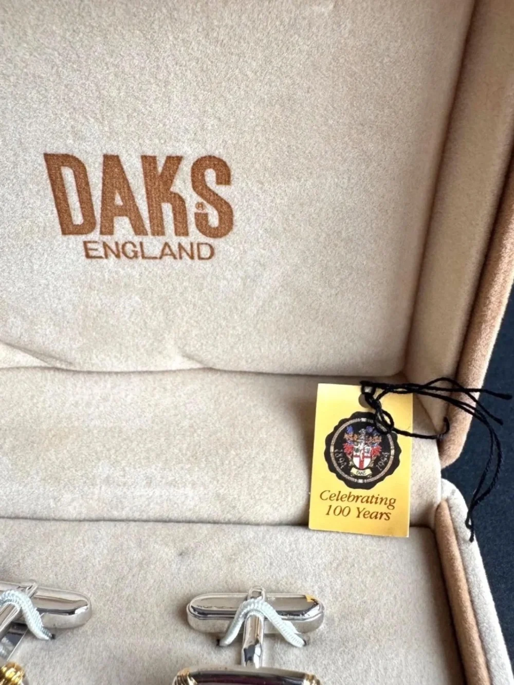 Vintage DAKS England Cufflinks Tie Clip Set Two Tone w/ Box Centennial Mens Gift